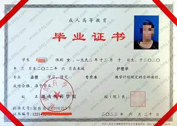 湖南医药学院2022年函授专升本科毕业证书样本图片（护理学）