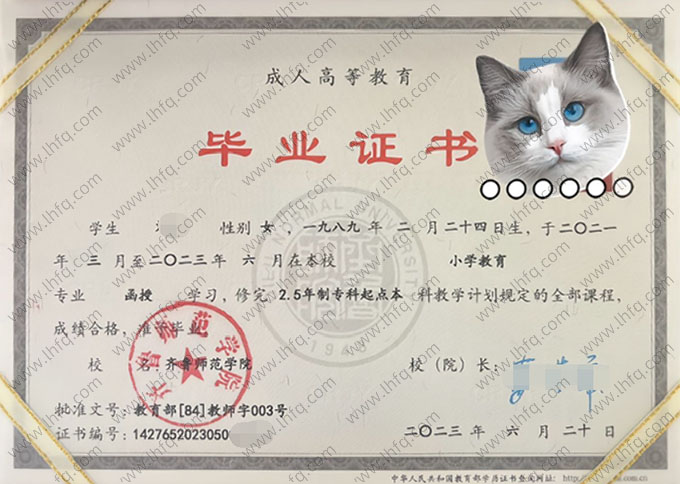 齐鲁师范学院2023年函授专科起点本科毕业证书样本图片（小学教育）