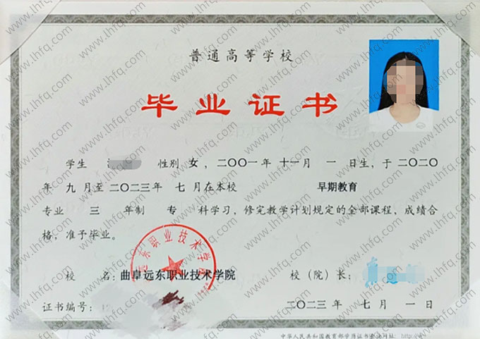 曲阜远东职业技术学院2023年普通全日制专科毕业证书样本图片（早期教育）