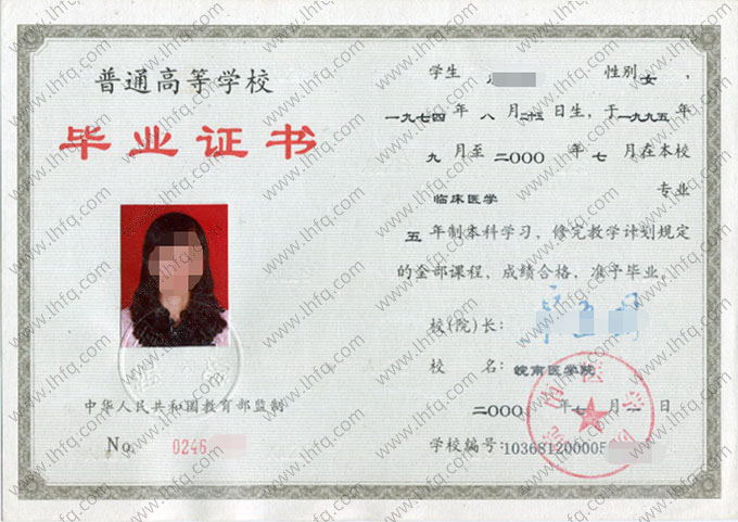 皖南医学院2000年普通全日制本科毕业证书样本图片（临床医学）