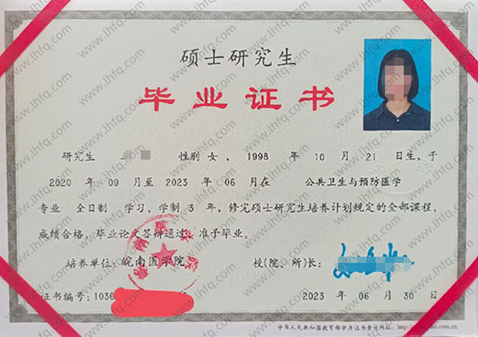 皖南医学院2023年硕士研究生毕业证书样本图片（公共卫生与预防医学）