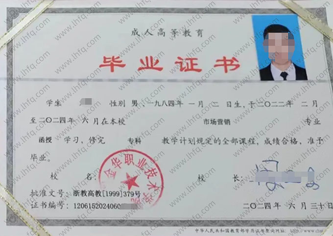 金华职业技术学院2024年函授专科毕业证书样本图片（市场营销）