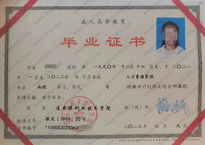 连云港职业技术学院2023年函授专科毕业证书样本图片（人力资源管理）