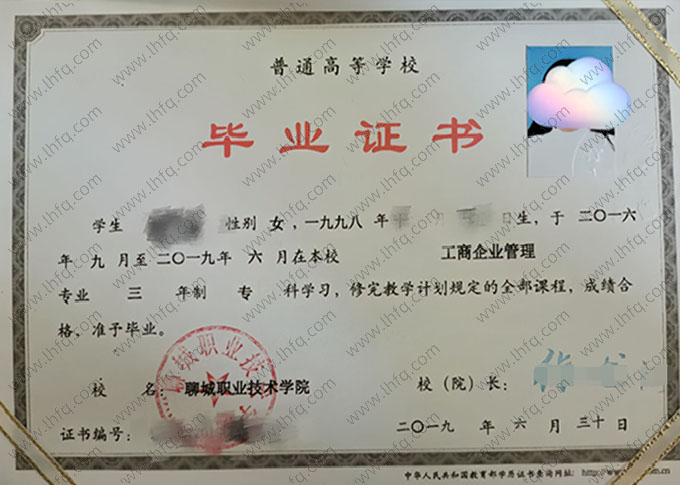 聊城职业技术学院2019年普通全日制专科毕业证书样本图片（工商企业管理）