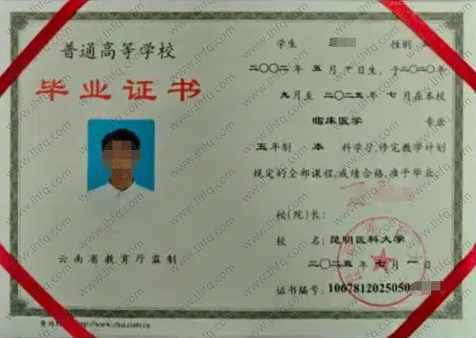 昆明医科大学毕业证样本图片