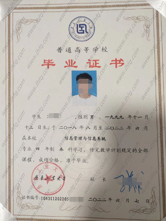 齐鲁工业大学2022年普通全日制本科毕业证书样本图片（信息管理与信息系统）