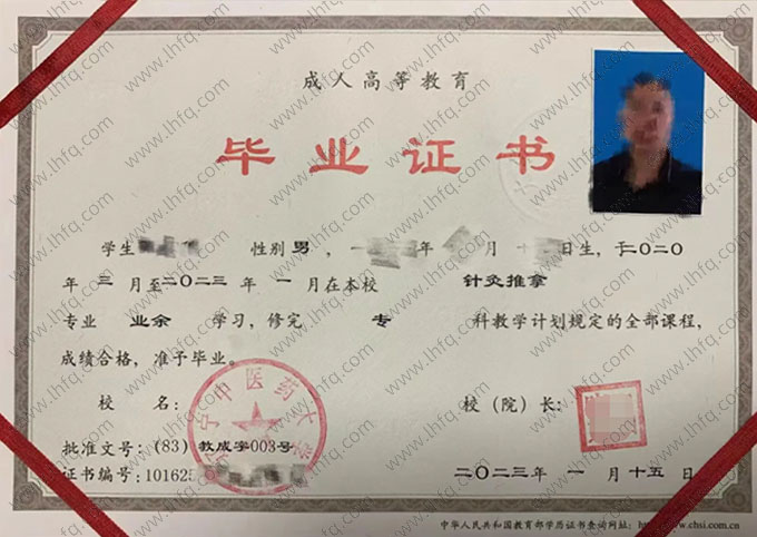 辽宁中医药大学2023年业余专科毕业证书样本图片（针灸推拿）