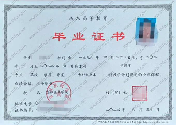吉林医药学院2024年函授专科起点本科毕业证书样本图片（护理学）
