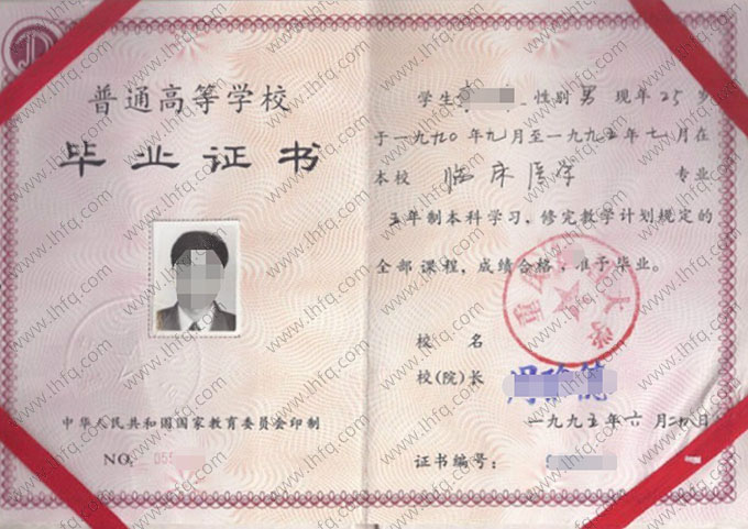 重庆医科大学1995年普通全日制本科毕业证书样本图片（手写）