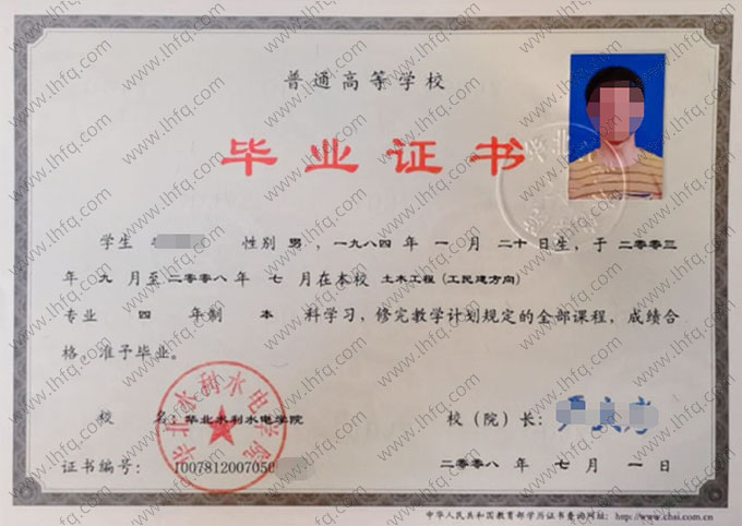 华北水利水电学院毕业证样本图片