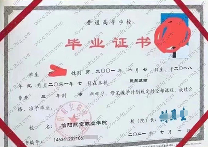 信阳航空职业学院2021年普通全日制专科毕业证书样本图片（民航运输）