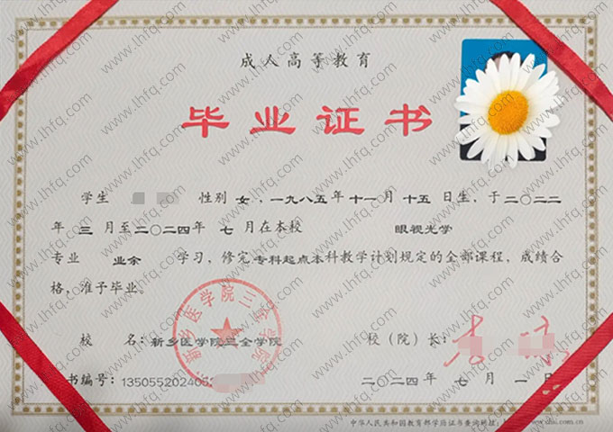 新乡医学院三全学院2024年业余专科起点本科毕业证书样本图片（眼视光学）