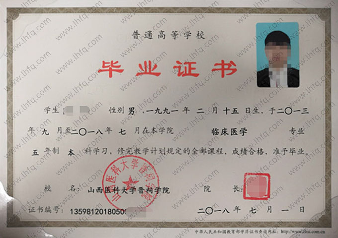 山西医科大学晋祠学院毕业证样本图片