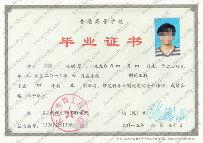 武汉生物工程学院2013年普通全日制本科毕业证书样本图片（制药工程）