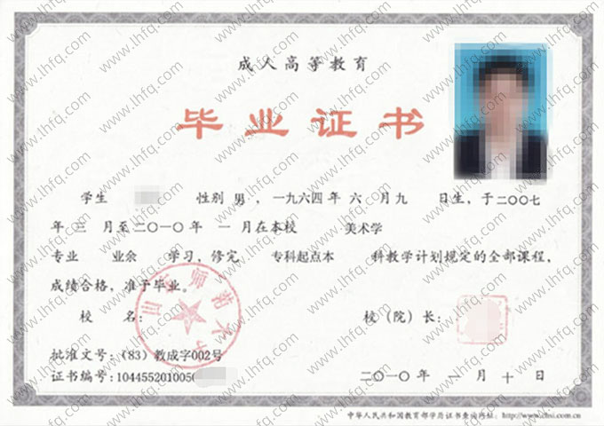 山东师范大学2010年业余专科起点本科毕业证书样本图片（美术学）