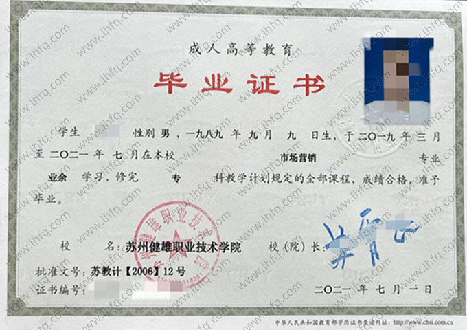 苏州健雄职业技术学院2021年业余专科毕业证书样本图片（市场营销）