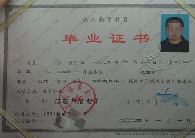 江西师范大学2024年函授专科起点本科毕业证书样本图片（心理学）