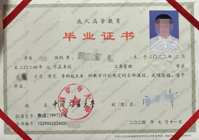 中国矿业大学2024年函授专科起点本科毕业证书样本图片（工商管理）