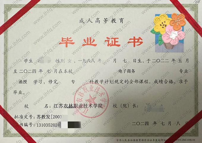 江苏农林职业技术学院2024年函授专科毕业证书样本图片（电子商务）