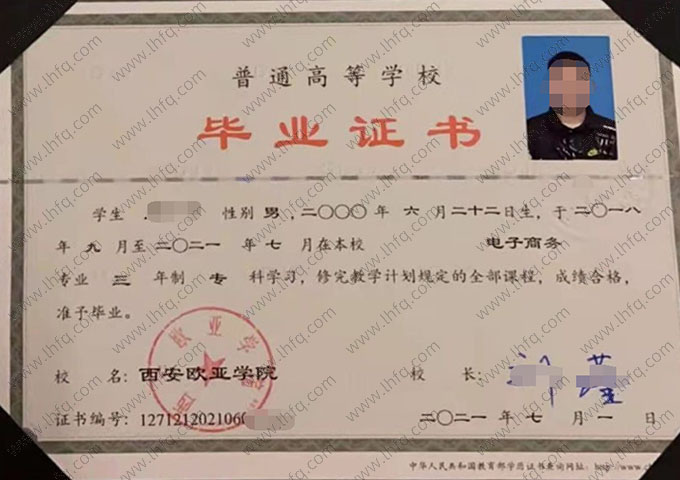 西安欧亚学院2021年普通全日制专科毕业证书样本图片（电子商务）