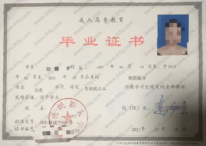 中央民族大学2021年业余专科起点本科毕业证书样本图片（舞蹈编导）