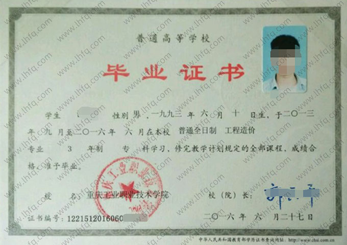 重庆工业职业技术学院毕业证样本图片