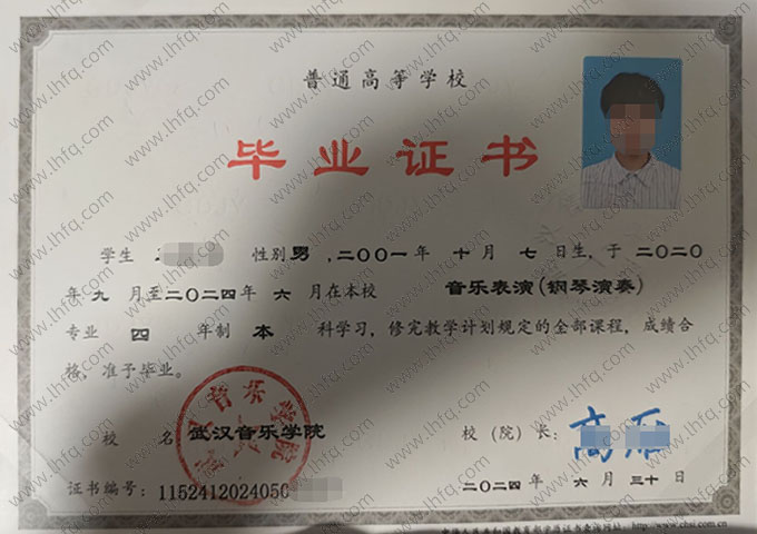 武汉音乐学院毕业证样本图片