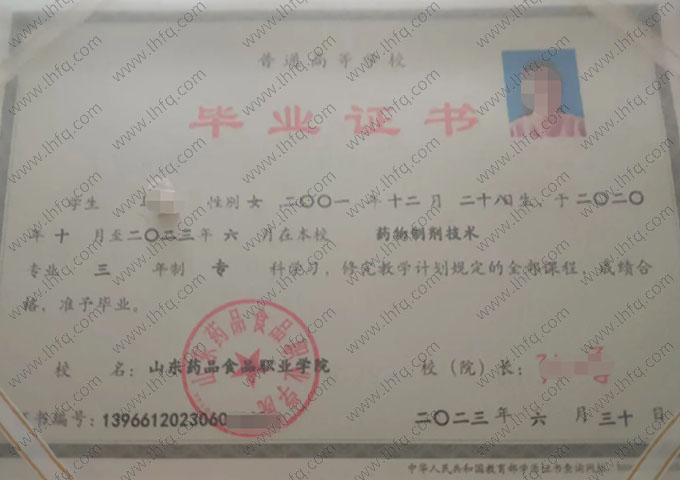 山东药品食品职业学院2023年普通全日制专科毕业证书样本图片（药物制剂技术）