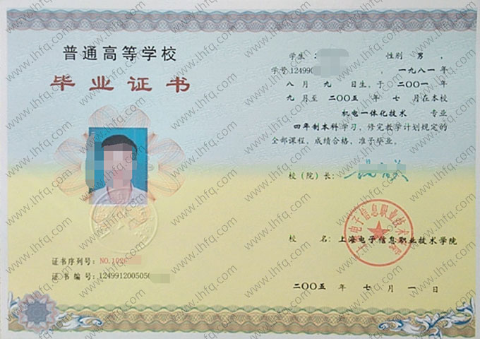 上海电子信息职业技术学院毕业证样本图片