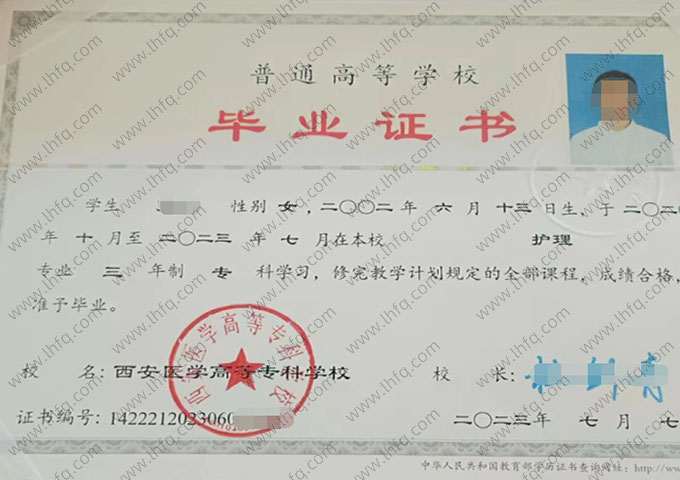 西安医学高等专科学校毕业证样本图片
