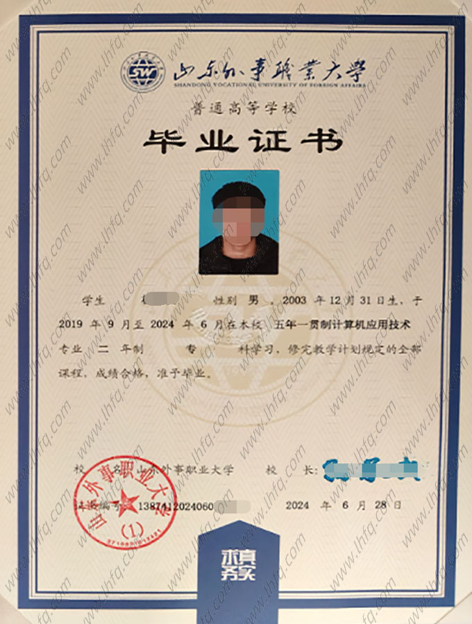 山东外事职业大学2024年普通全日制专科毕业证书样本图片（计算机应用技术）