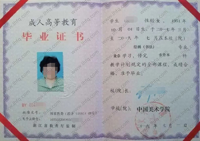 中国美术学院2019年业余专升本科毕业证书样本图片（绘画（书法））