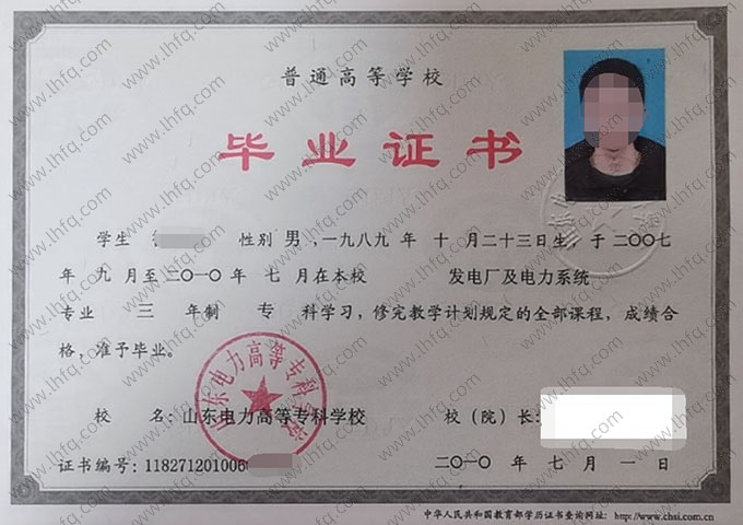 山东电力高等专科学校毕业证样本图片