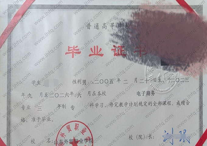山东外贸职业学院毕业证样本图片
