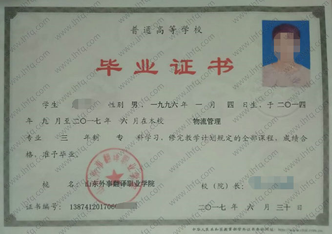 山东外事翻译职业学院毕业证样本图片
