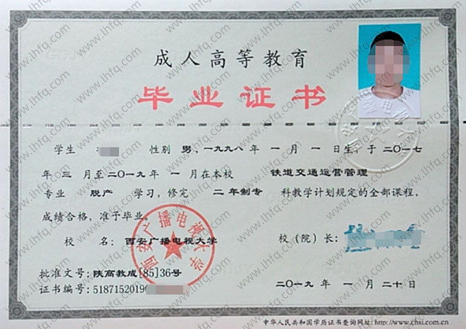 西安广播电视大学毕业证样本图片