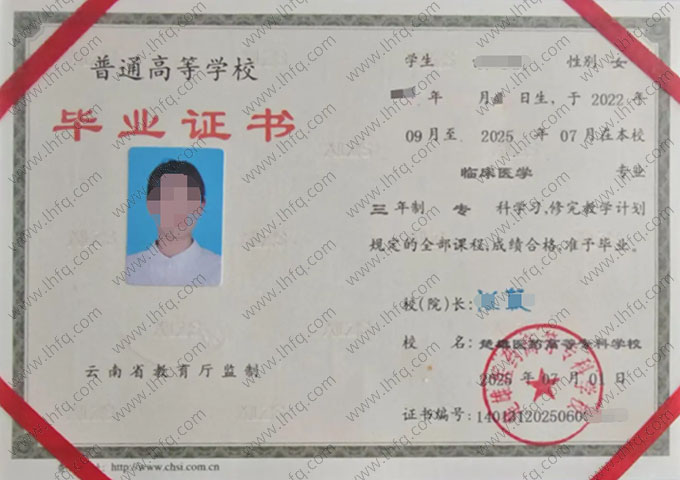 楚雄医药高等专科学校毕业证样本图片