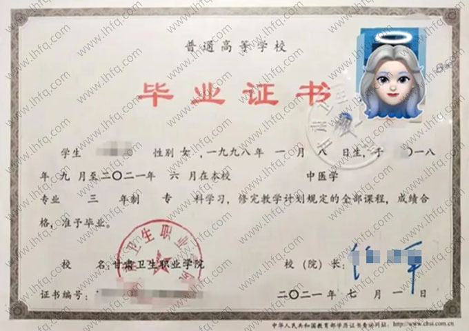 甘肃卫生职业学院毕业证样本图片