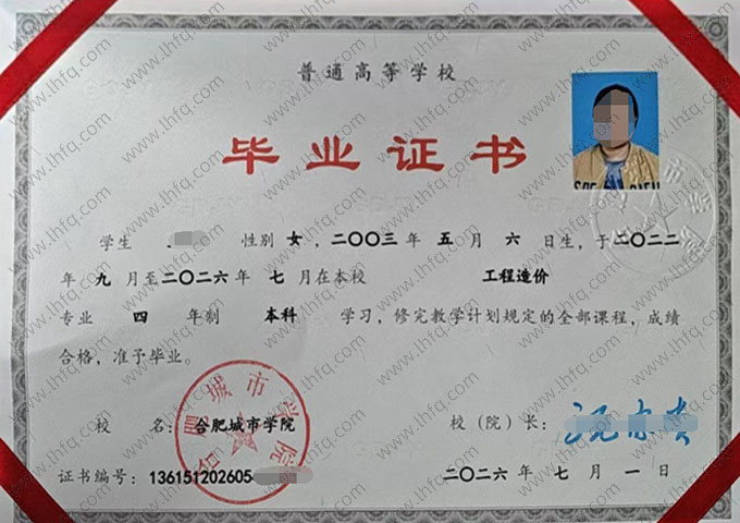 合肥城市学院毕业证样本图片