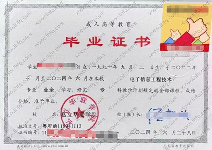 私立华联学院毕业证样本图片