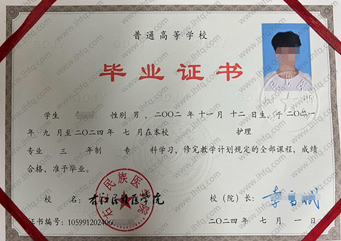 右江民族医学院2024年普通全日制专科毕业证书样本图片（护理）