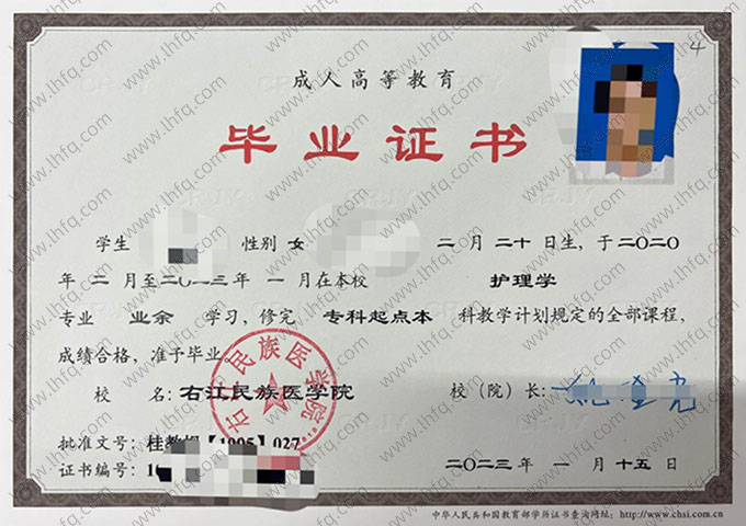 右江民族医学院2023年业余专科起点本科毕业证书样本图片（护理学）