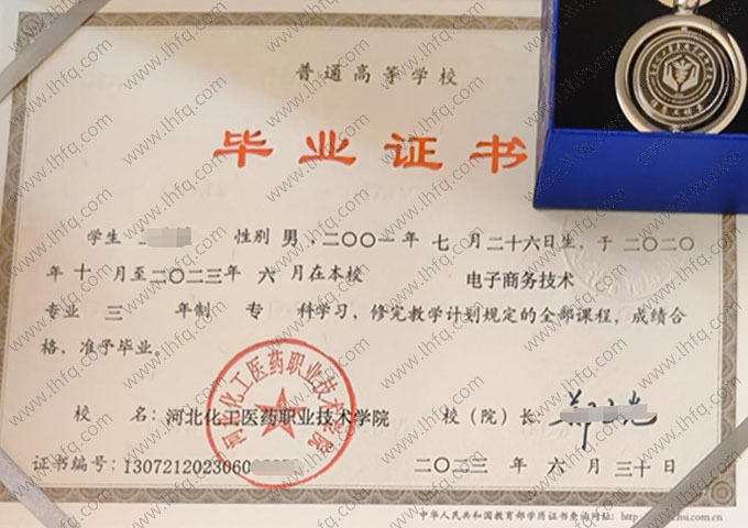 河北化工医药职业技术学院2023年普通全日制专科毕业证书样本图片（电子商务技术）