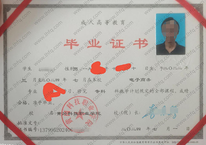 黄冈科技职业学院2024年函授专科毕业证书样本图片（电子商务）