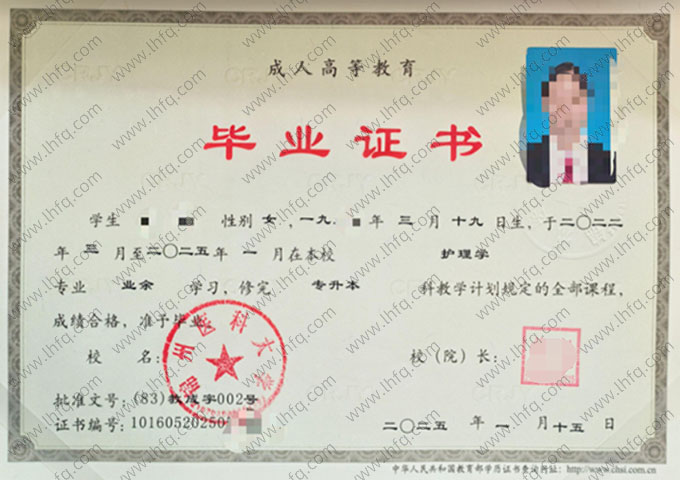 锦州医科大学2025年业余专升本科毕业证书样本图片（护理学）