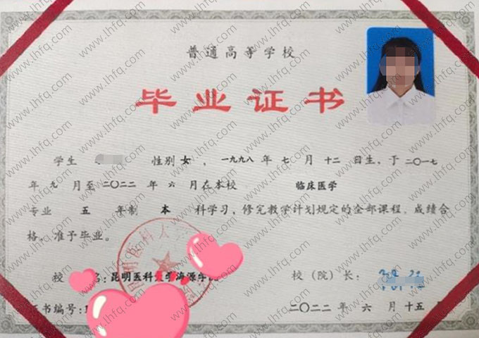 昆明医科大学海源学院2022年普通全日制本科毕业证书样本图片（临床医学）