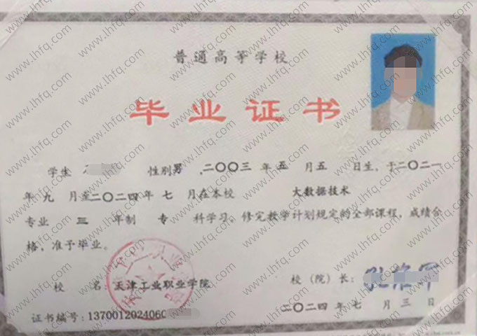天津工业职业学院2024年普通全日制专科毕业证书样本图片（大数据技术）