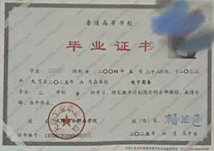 天津工业职业学院2025年普通全日制专科毕业证书样本图片（电子商务）