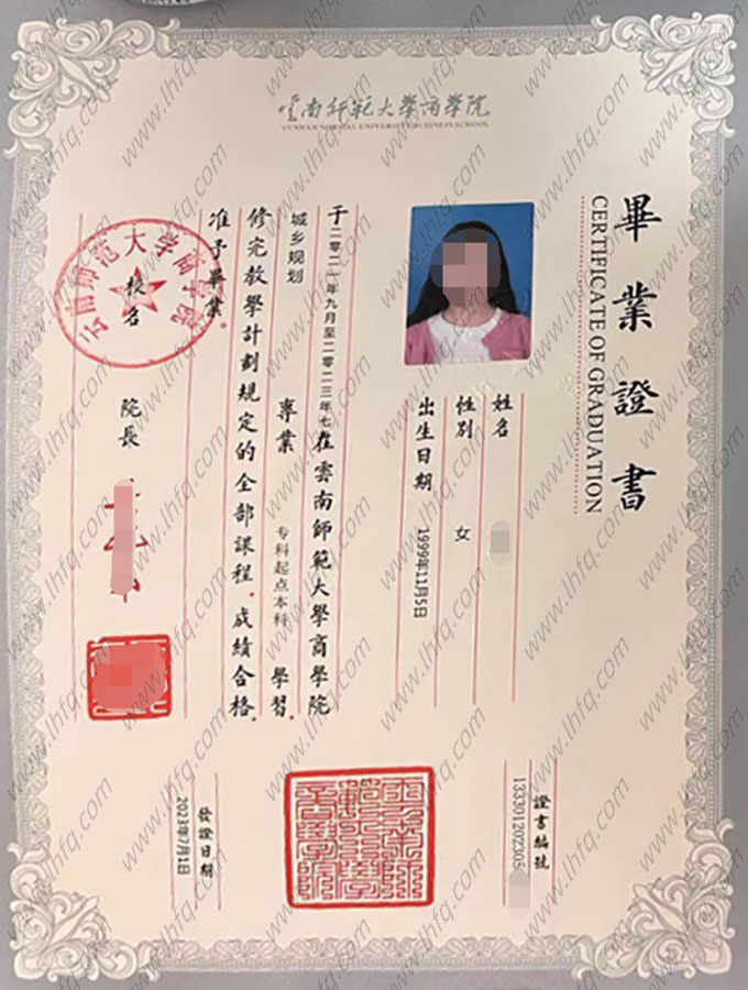 云南师范大学商学院毕业证样本图片