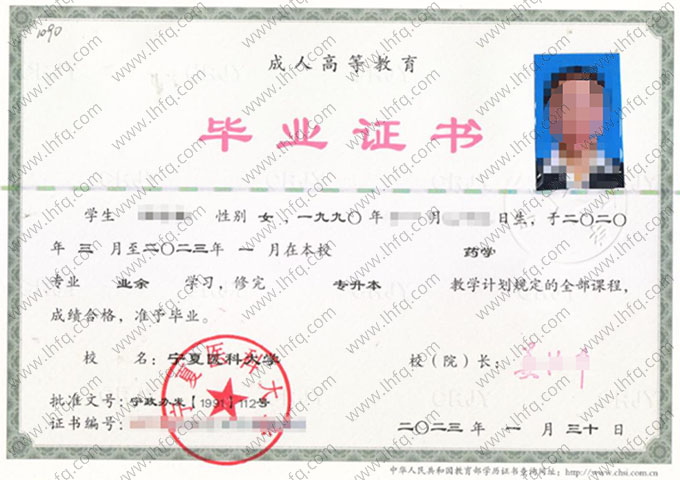 宁夏医科大学2023年业余专升本科毕业证书样本图片（药学）